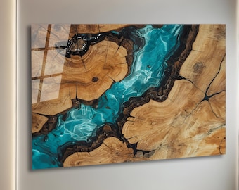Tempered Glass Wall Art,Resin Epoxy Wall Art,Wall Decor,Glass Printing Art,Teal Epoxy Abstract Wall Art,Wall Hangings,Tempered Glass Art