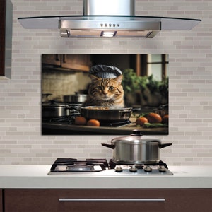 Couvercle supérieur de cuisinière en verre, chat jaune, décoration murale de cuisine de chef pour cuisinière à gaz, couvercle supérieur de dosseret de cuisine, stickers muraux, cadeaux pour elle