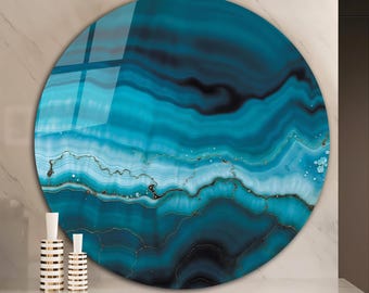 Turquoise Teal Agate Round Tempered Glass Wall Art, Luxury Gold Geode Marble Decor, Large Round Living Room Bathroom Hanging