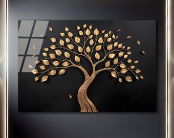 Golden Tree Tempered Glass Wall Art: Modern Home Decor