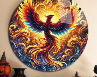 Phoenix Wall Art, Tempered Glass Wall Art, Glass Printing, Round Glass Art, Colorful Bird Art, Birds of Fantasy, Circle Glass Art, Home Gift