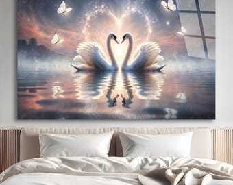 Tempered Glass White Swans Wall Art | Swans Glass | Wall Hangings | Nature Wall Art | Animal Glass Art | Housewarming Gift |Love Swan Couple