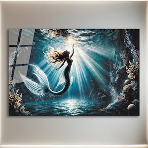 Mermaid Wall Art-Tempered Glass Wall Art-Mermaid Wall Hangings-Mermaid Framed Art-Mermaid in Water-Glass Printing-Glass Large Wall Art