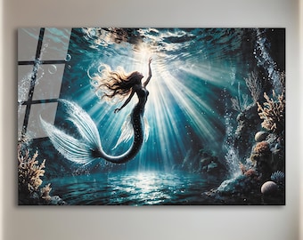 Mermaid Wall Art-Tempered Glass Wall Art-Mermaid Wall Hangings-Mermaid Framed Art-Mermaid in Water-Glass Printing-Glass Large Wall Art
