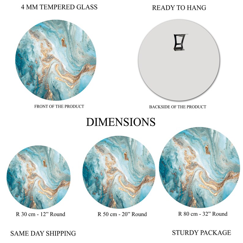 May include: Round wall art with a blue and gold abstract design. The art is made of 4 mm tempered glass and is ready to hang. The art is available in three sizes: 12 inches, 20 inches, and 32 inches.