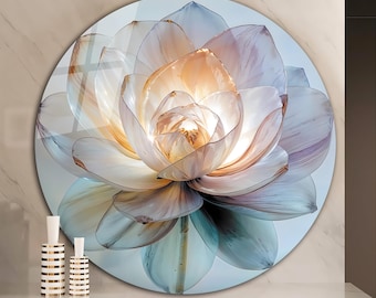 Crystal Lotus Flower Round Tempered Glass Wall Art,  Luxury 3D Effect Glowing Floral Decor, Large Round Living Room Bedroom Hanging