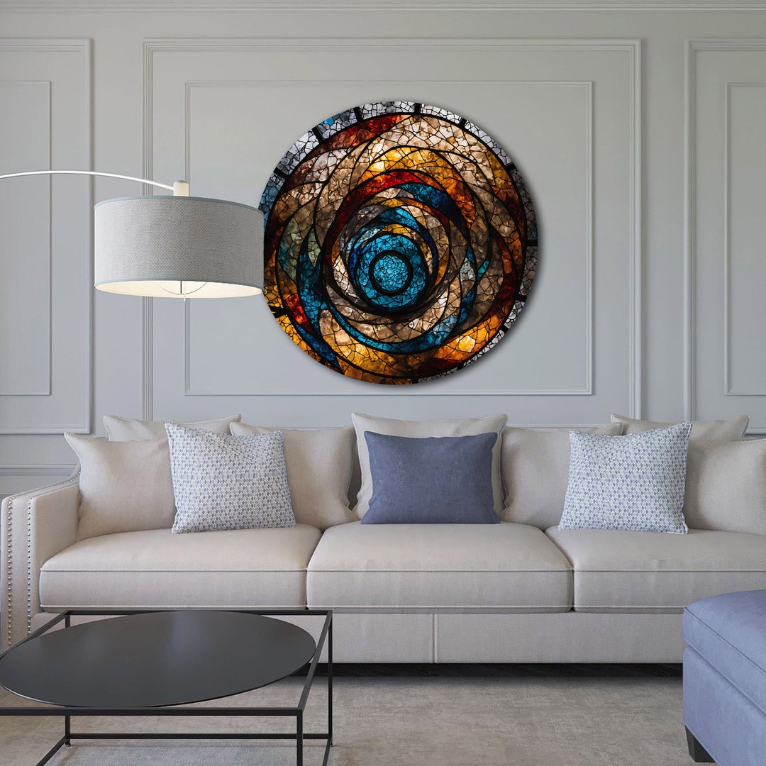 Stained Tempered Glass Round Wall Art Decor, Abstract Glass Wall