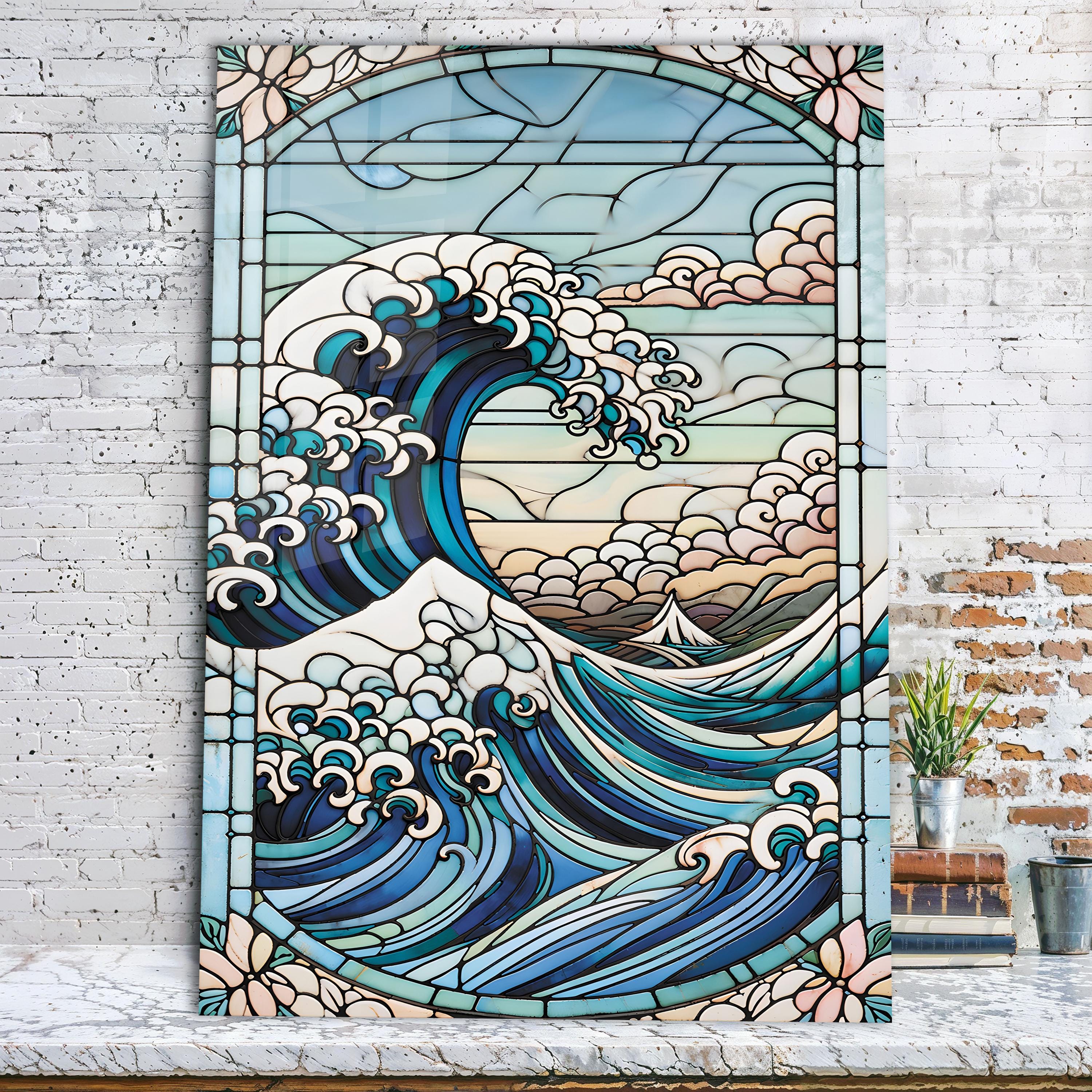 Japanese Art, Stained Look Waves, Glass Wall Art Ocean Tempered
