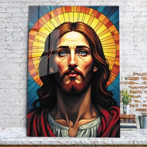 Art mural en verre trempé de Jésus, art mural du Christ, Jésus de Nazareth, art du vitrail, impression d'art mural sur verre, cadeau d'art mural religieux