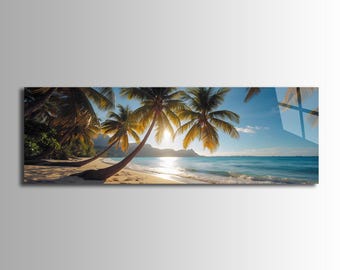 Tempered Glass Wall Art-Panoramic Wall Art-Glass Printing-Extra Large Wall Art-Mega Size Panoramic Print-Sunset Palm Wall Art-Tropical Beach