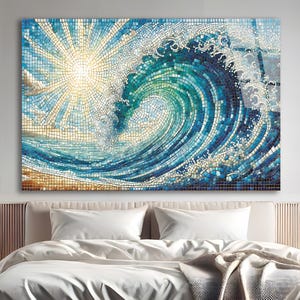 Ocean waves at sunrise Faux Stained Glass Wall Art on Glossy Tile Artful Display Piece and Gift, Tempered Glass Wall Art, Ocean Scene Wall