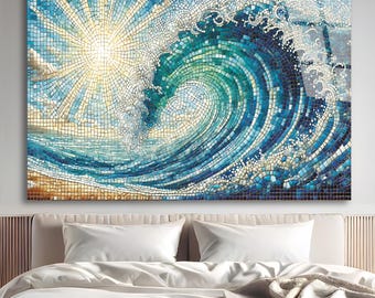 Ocean waves at sunrise Faux Stained Glass Wall Art on Glossy Tile Artful Display Piece and Gift, Tempered Glass Wall Art, Ocean Scene Wall