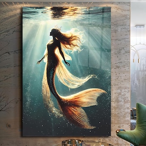Mermaid Wall Art-Tempered Glass Wall Art-Mermaid Wall Hangings-Mermaid Framed Art-Mermaid in Water-Glass Printing-Glass Large Wall Art