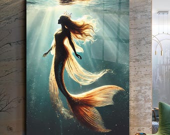 Mermaid Wall Art-Tempered Glass Wall Art-Mermaid Wall Hangings-Mermaid Framed Art-Mermaid in Water-Glass Printing-Glass Large Wall Art