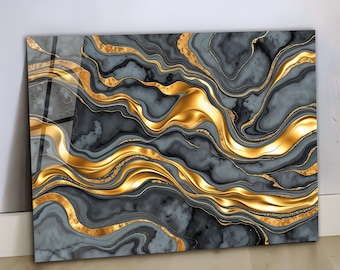 Tempered Glass Wall Art, Black Gray Marble Liquid Gold Veins Glass Print, Luxury Abstract Geode Wall Decor, Large Living Room Hanging
