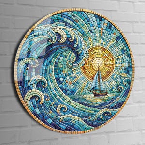 Tempered Glass Wall Art-Round Wall Art Gift-Circle Wall Art-Tempered Glass Art-Glass Wall Decor-Sea Waves wall art-Pirate Ship Wall Art