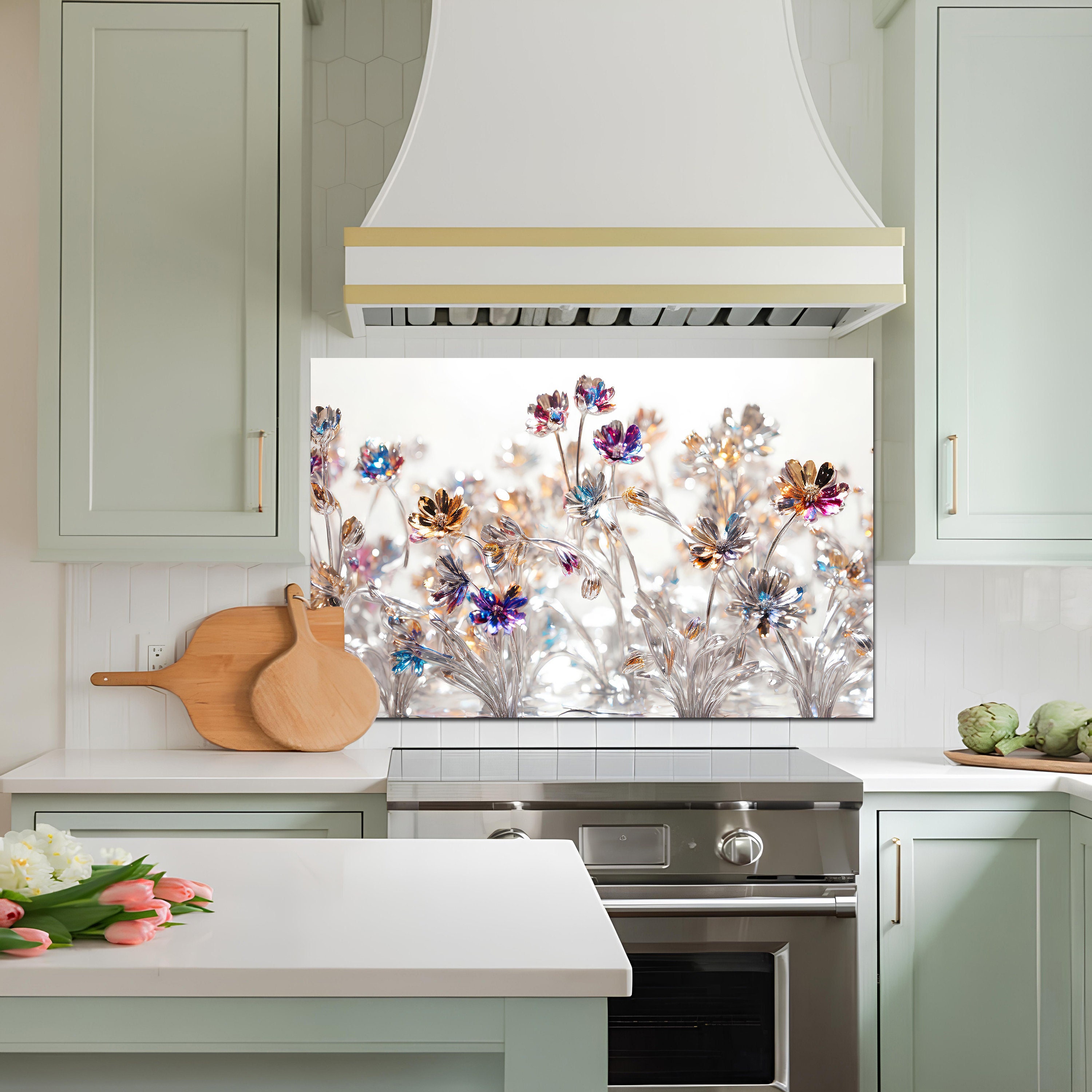 Tempered Glass Back splash-Botanic Back splash Tiles-Stove Back splash for Flowers Splash back for Stove Back Cover-Back splash Behind Stove
