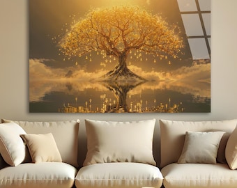 Golden Tree Tempered Glass Wall Art: Modern Home Decor