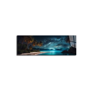 May include: A panoramic view of a tropical beach at night with palm trees silhouetted against a starry sky. The water is a vibrant blue, and the sand is white. The scene is peaceful and serene.