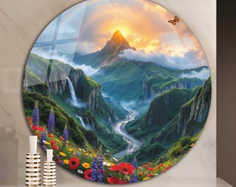 Tempered Glass Wall Art, Circle Mountain Waterfall Nature Glass Print, Landscape Valley Wildflowers Decor, Large Round Living Room Hanging