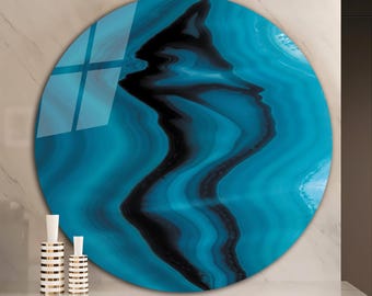 Turquoise Teal Agate Round Tempered Glass Wall Art, Luxury Gold Geode Marble Decor, Large Round Living Room Bathroom Hanging