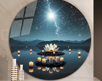 Tempered Glass Wall Art, Circle Glowing Lotus Candle Glass Print, Zen Meditation Water Reflection Decor, Large Round Bedroom Spa Hanging