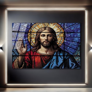 Art mural en verre trempé de Jésus, art mural du Christ, Jésus de Nazareth, art du vitrail, impression d'art mural sur verre, cadeau d'art mural religieux