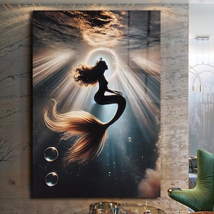 Mermaid Wall Art-Tempered Glass Wall Art-Mermaid Wall Hangings-Mermaid Framed Art-Mermaid in Water-Glass Printing-Glass Large Wall Art