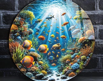 Tempered Glass Wall Art-Round Wall Art Gift-Circle Wall Art-Tempered Glass Art-Stained Fish Wall Art-Glass Printing-Aquarium Wall Art