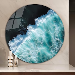 Tempered Glass Wall Art-Round Wall Art Gift-Circle Wall Art-Tempered Glass Art-Glass Wall Decor-Sea Waves wall art-Tropical Beach Wall Art