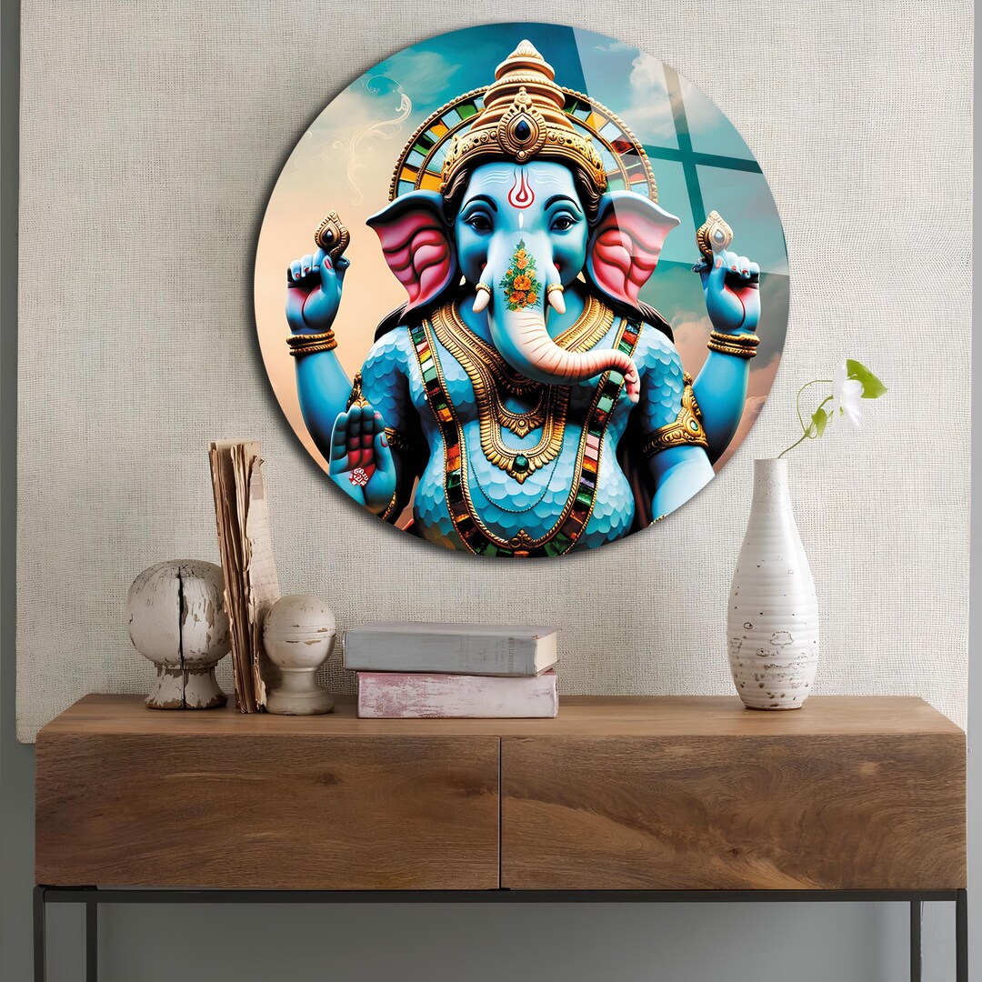 Ganesh Wall Art, Tempered Glass Wall Art, Round Glass Art, Circle Wall ...