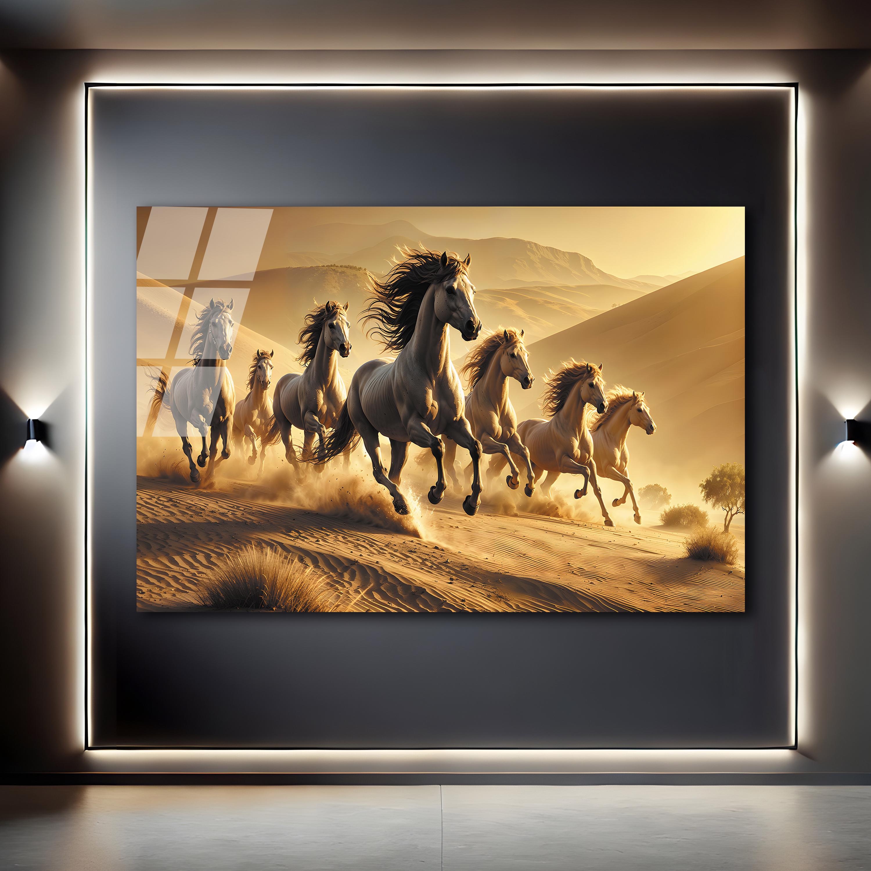Lucky 7 Running Horses Glass Printing Wall Art - Tempered Glass