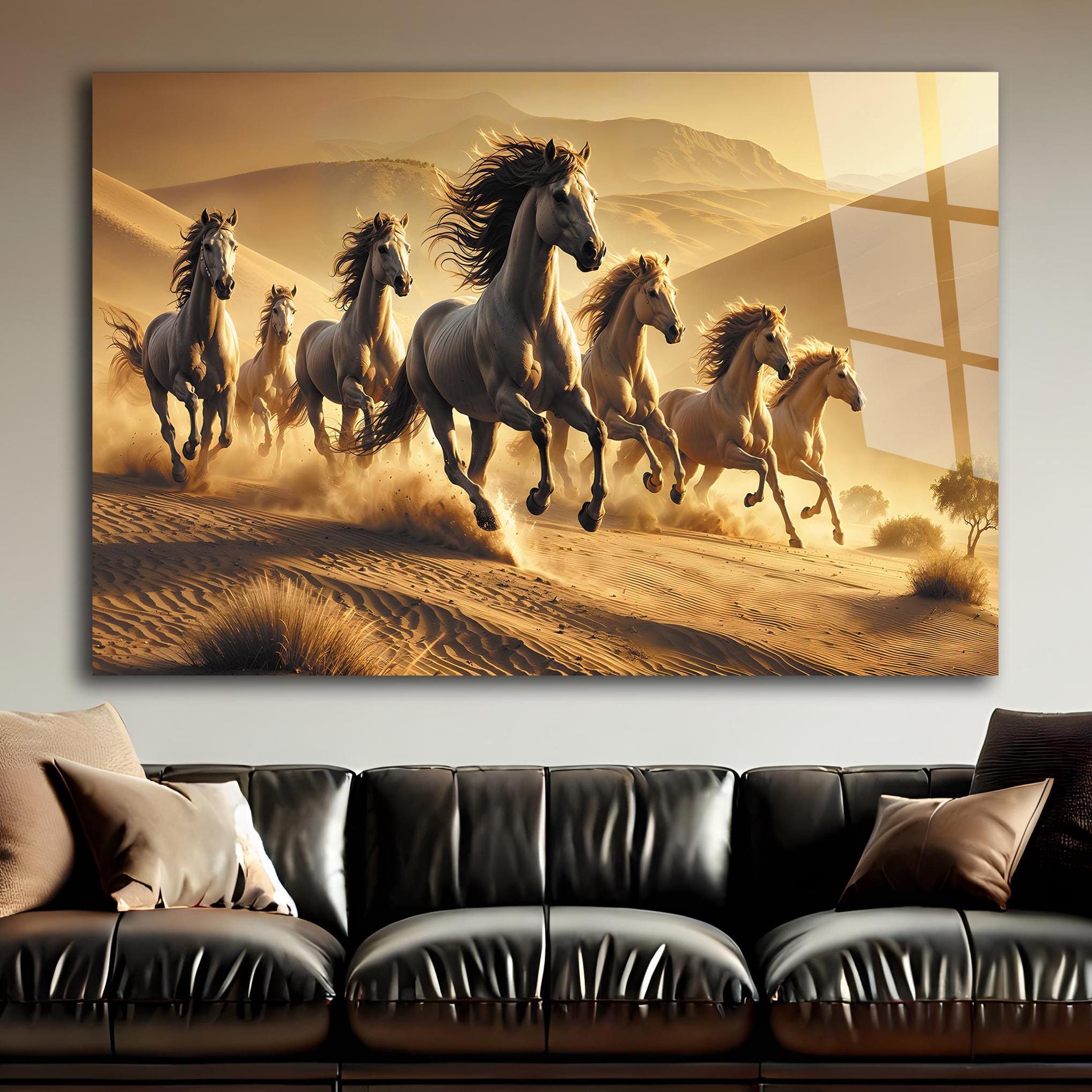 Lucky 7 Running Horses Glass Printing Wall Art - Tempered Glass