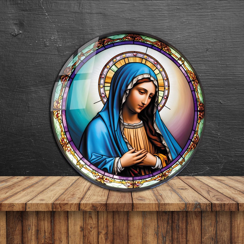 Stained Virgin Mary Tempered Glass Round Wall Art,virgin Mary Round