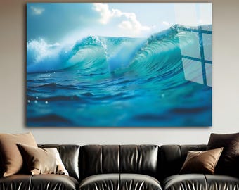 Glass Wall Art Ocean Tempered Glass Art Sea Wave Wall Hanging Blue Water Decor Large Wall Art