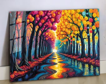 Tempered Glass Wall Art, Vibrant Colorful Forest Path Glass Print, Abstract River Landscape Wall Decor, Large Living Room Bedroom Hanging