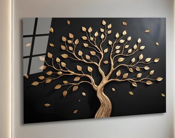 Golden Tree Tempered Glass Wall Art: Modern Home Decor