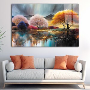Arte de pared de vidrio con bosque otoñal, impresión digital HD sobre vidrio, póster para colgar en la pared, decoración de pared moderna llamativa, alternativa al lienzo