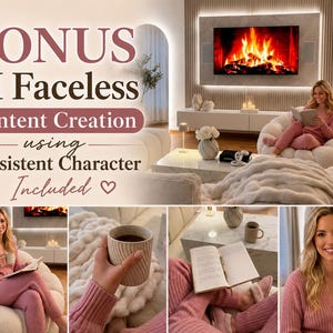 May include: A woman in a pink outfit reads in a white bubble chair. The image includes text that says "BONUS AI Faceless Content Creation using Consistent Character Included". A fireplace and modern decor are in the background.