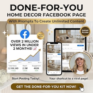Puede incluir: Un kit de marketing digital para una página de Facebook de decoración del hogar con un smartphone y una tablet que muestran perfiles, un gráfico de estadísticas con más de 2 millones de vistas y un retrato de una persona con gorra blanca.