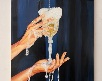 May include: A painting of two hands holding a glass of champagne. The champagne is being poured from a bottle above the glass. The background is a dark blue with vertical lines. The hands are covered in white foam.