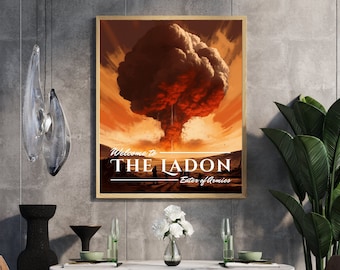 May include: A framed poster with a digital illustration of a large orange mushroom cloud with rain falling from it. The poster has the text "Welcome to The Ladon Eater of Armies" in white letters.