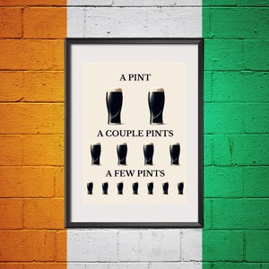 May include: Framed print featuring stout glasses and the text "A Pint, A Couple Pints, A Few Pints". The print is set against a brick wall painted in the colours of the Irish flag: orange, white, and green.
