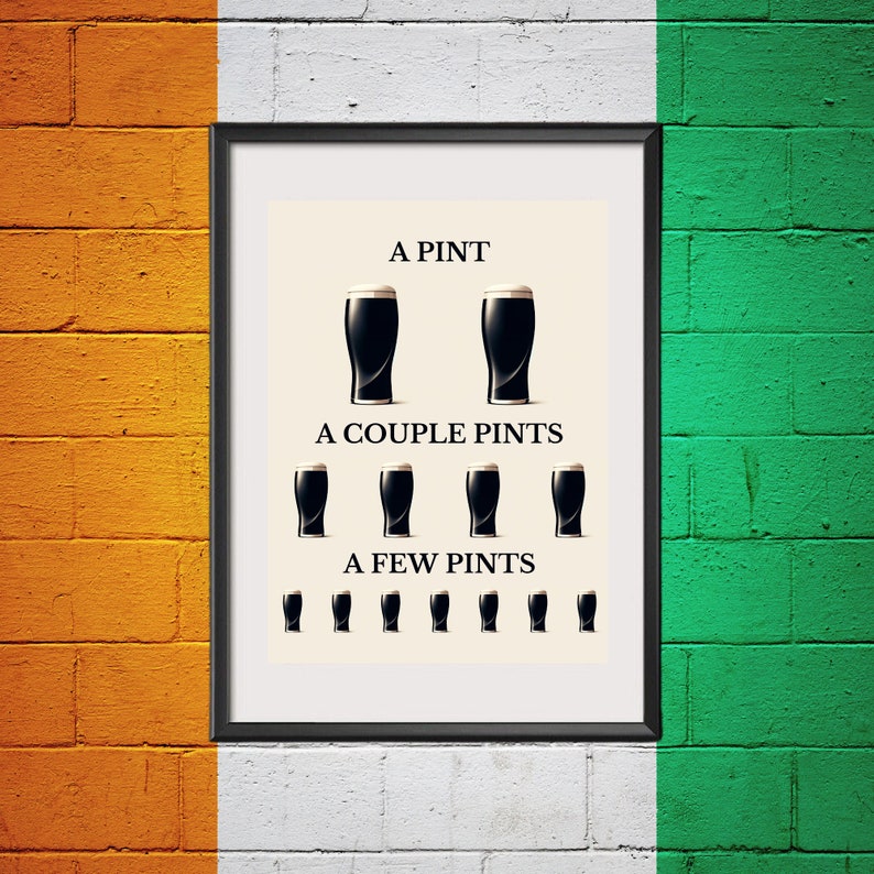 May include: Framed print featuring stout glasses and the text "A Pint, A Couple Pints, A Few Pints". The print is set against a brick wall painted in the colours of the Irish flag: orange, white, and green.