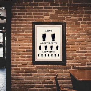 May include: Framed print with a black border, hanging on a brick wall. The print features a beige background with illustrations of pint glasses and the text "A Pint", "A Couple Pints", and "A Few Pints".