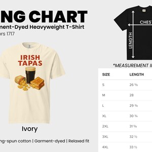 May include: Ivory unisex t-shirt with "IRISH TAPAS" text and a graphic of a pint of stout, a sandwich, and snacks. The sizing chart shows measurements in inches for chest and length.