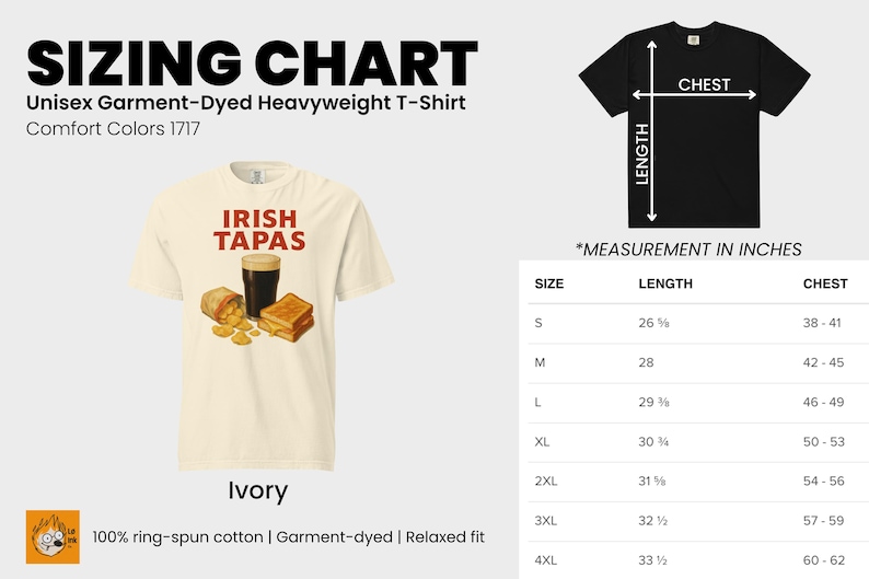 May include: Ivory unisex t-shirt with "IRISH TAPAS" text and a graphic of a pint of stout, a sandwich, and snacks. The sizing chart shows measurements in inches for chest and length.