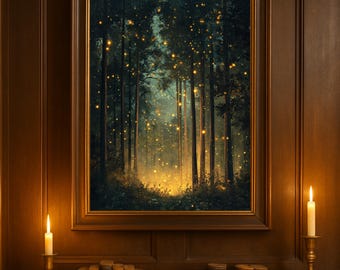 Enchanted Forest Firefly Art Print, Fantasy Wall Art, Botanical Wall Art, Landscape Canvas Decoration, Artful Nature Fireflies Decor