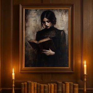 Victorian Woman Reading Bookish Wall Art Print, Dark Academia Decor, Librariancore Wall Art, Moody Reading Nook Painting, Book Lover Gift