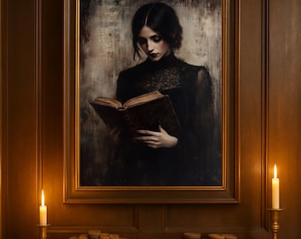 Victorian Woman Reading Bookish Wall Art Print, Dark Academia Decor, Librariancore Wall Art, Moody Reading Nook Painting, Book Lover Gift